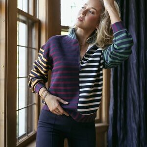 Addison Bay Striped Soft Luxe Varsity Quarter Zip pullover top XS NWT Sweatshirt